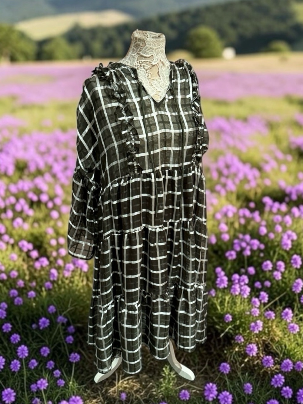 Ghospell oversized Plaid Ruffle Tiered Maxi Dress in Black and White